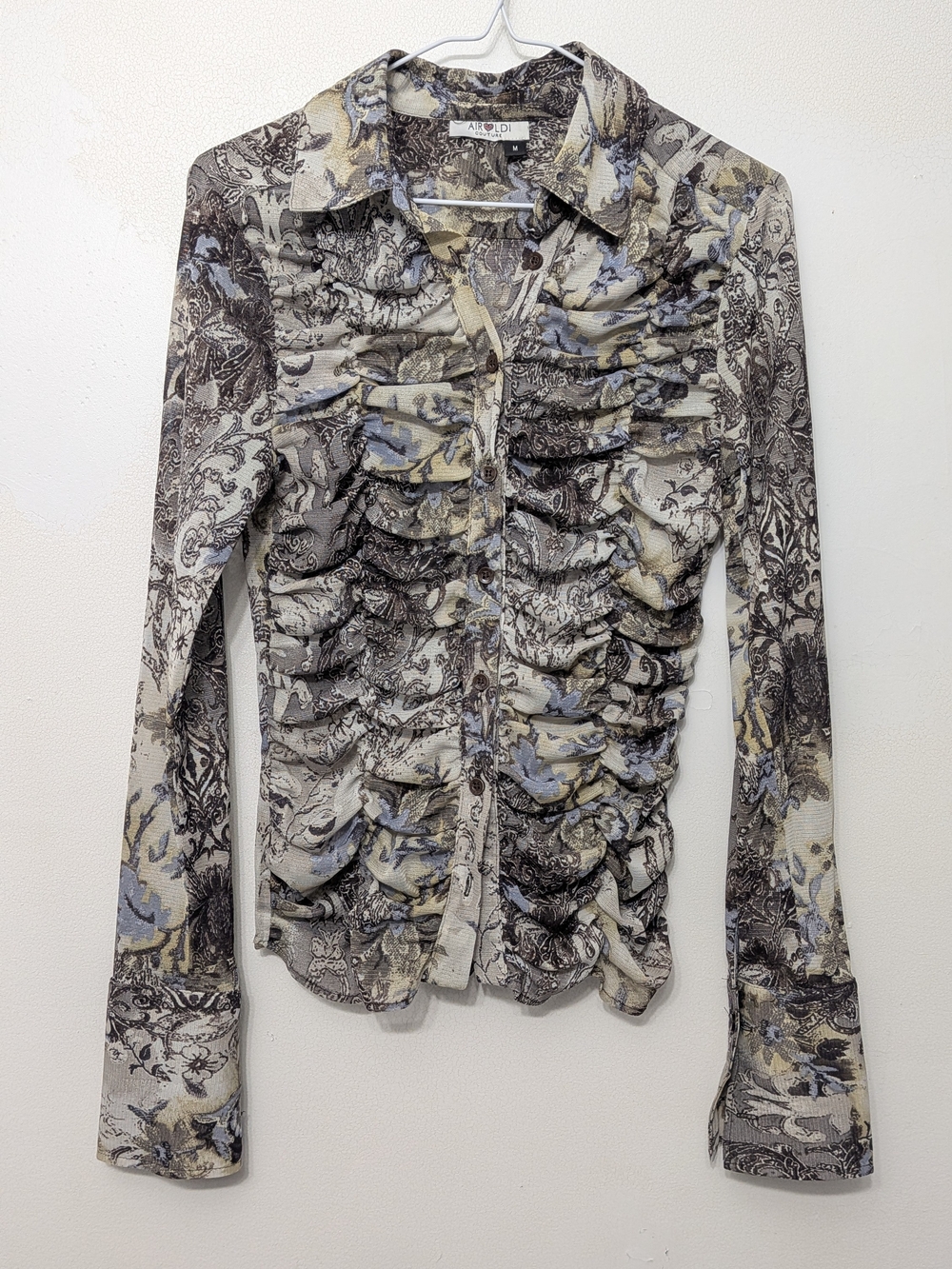 Y2K Women's Ruched Long-Sleeve Printed Button-Up Top - Cream/Gray/Blue AIROLDI